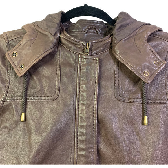 JOIE Brown Genuine Leather Hooded Bomber Jacket - Picture 2 of 11
